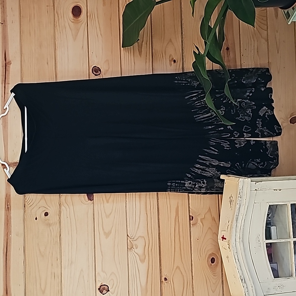 Super cute, very wide leg black pants with tie dye along lower part, XL.